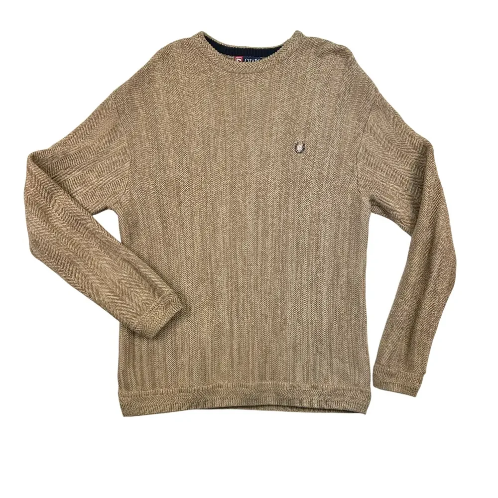 Chaps Sweater Mens Large Beige Crew Neck Herringbone Knit Pullover Casual